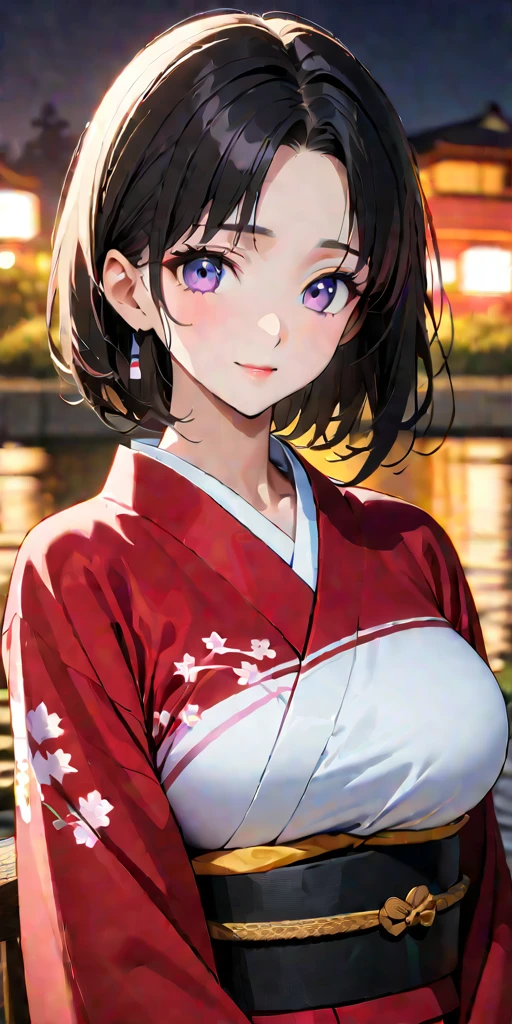 ((Highest quality、masterpiece、anime style、best quality、high resolution、8k、detailed、ultra-detailed:1.3))、Long legs:1.2, Beautiful woman with perfect figure:1.4、(Smiling:1.2), double eyelid、30-year-old female、((((One Woman,beautiful face,Beautiful face、Japanes,Japan,Riverside、Kyoto、kimono、 night,upper body:1.5)))),Big Breasts、High resolution, accurate, Anatomically correct, Winner of numerous awards, High-resolution model, high quality, Very detailed, Ultra high definition, Textured skin