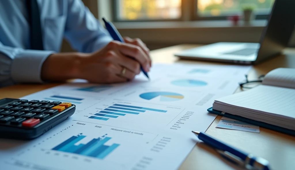 An organized work desk, with financial chart papers, a calculator, a laptop with a financial spreadsheet open, and a corporate finance book. from beside, a highlighted pen, ready for notes, symbolizing the need to master essential knowledge in corporate finance to make strategic decisions and ensure the company's financial health.