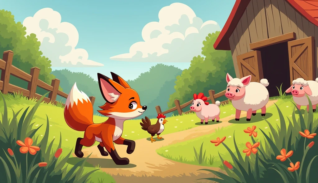 A little fox enjoying himself on the farm with his farm friends