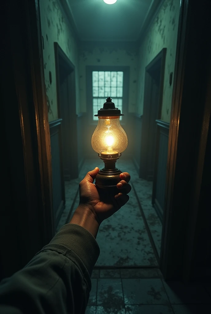 abandoned mansion, FIRST PERSON POINT of an arm holding a lamp in its hand, Inside the mansion
