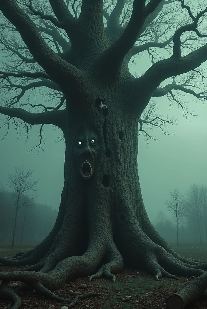 A tree being cut down, but with ghostly faces appearing on its shell, representing the lament of nature and the spirits of destroyed lives.