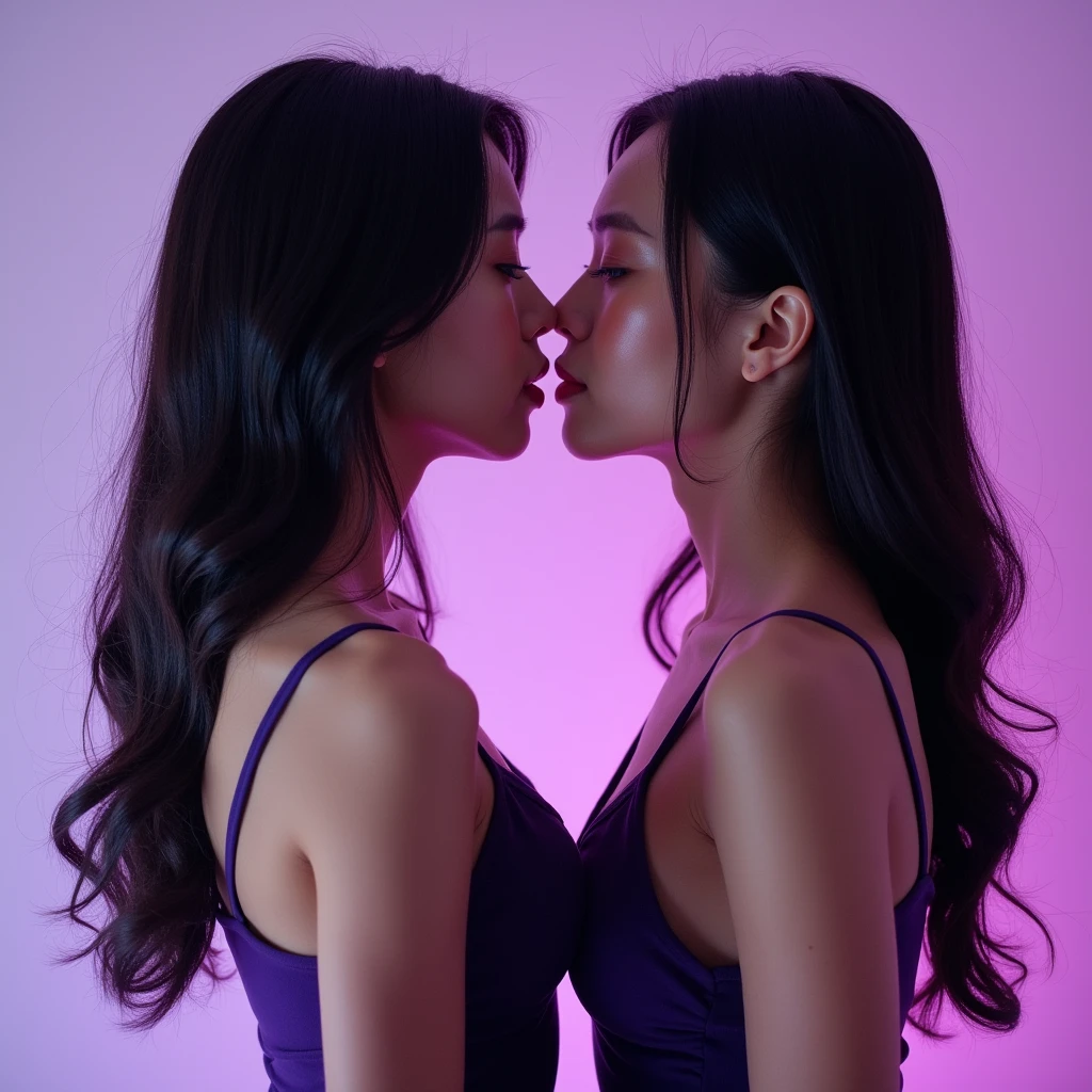 Identical twin sisters、Pretty Asian Woman, Side view, High Fashion, Purple Vibe, Emotional