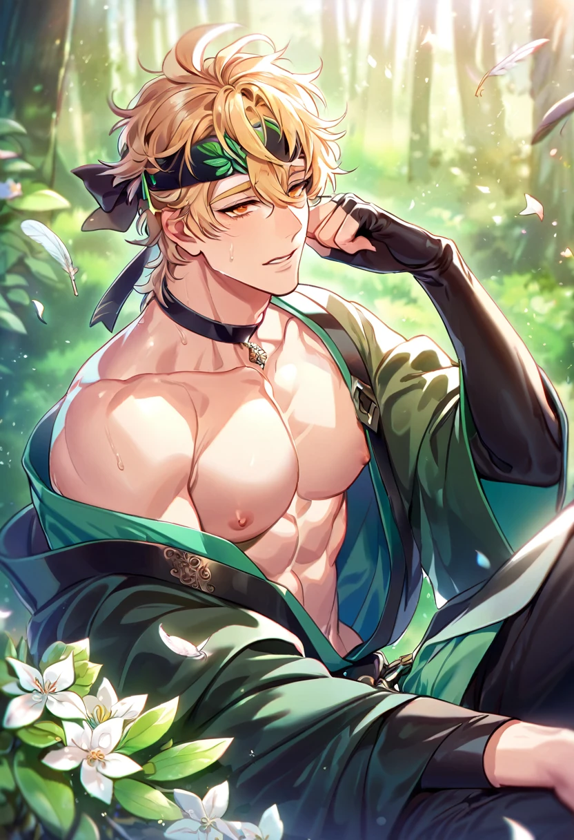 absurdres, highres, ultra detailed, HDR, master piece, best quality, extremely detailed, detailed eyes, detailed face, Quincy, blonde hair, messy hair, hair between the eyes, expressive orange eyes, Nu Carnival, solo, sexy man, manly man sitting, horny, lewd, handsome, fantasy, undressed, black haori, light-green kimono, black pants, black choker, showing the chest, feathers, accessories, black gloves, fingerless gloves, elbow gloves, black bow headband, spring, green trees, flowers, green leaves, magical forest, fantasy