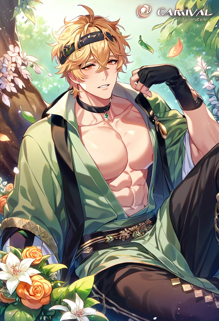 absurdres, highres, ultra detailed, HDR, master piece, best quality, extremely detailed, detailed eyes, detailed face, Quincy, blonde hair, messy hair, hair between the eyes, expressive orange eyes, Nu Carnival, solo, sexy man, manly man sitting, horny, lewd, handsome, fantasy, undressed, black haori, light-green kimono, black pants, black choker, showing the chest, feathers, accessories, black gloves, fingerless gloves, elbow gloves, black bow headband, spring, green trees, flowers, green leaves, magical forest, fantasy