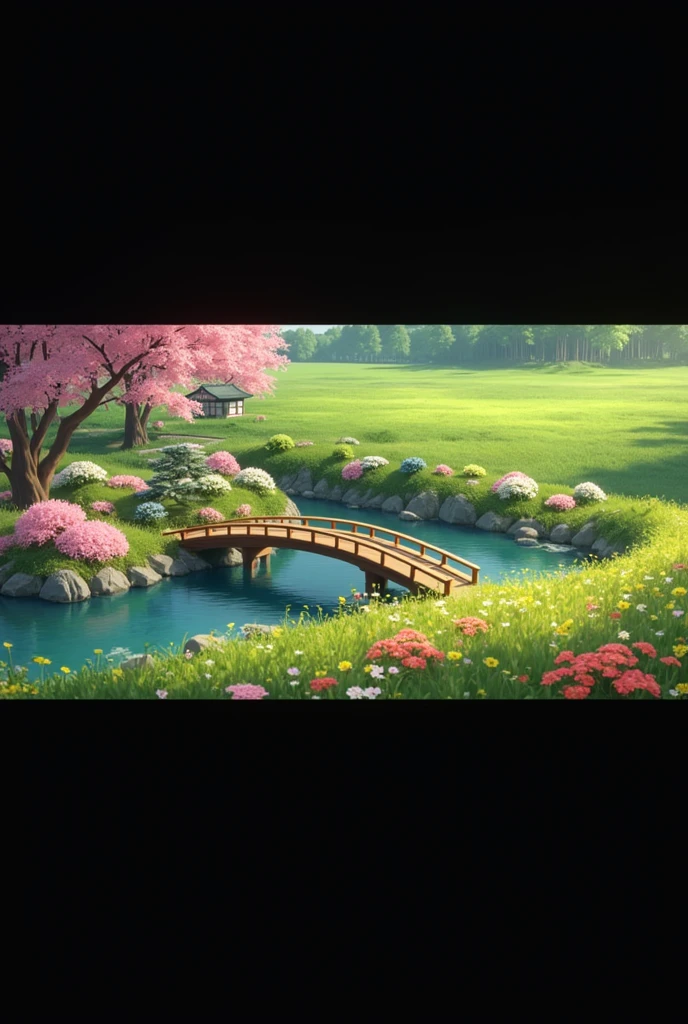 Large field with very green grass and more than 3000 light pink and blue-white flowers , red and yellow ,a crystal clear lake with a Japanese wooden bridge filled with cherry trees and a bamboo forest with a traditional Japanese house in the center