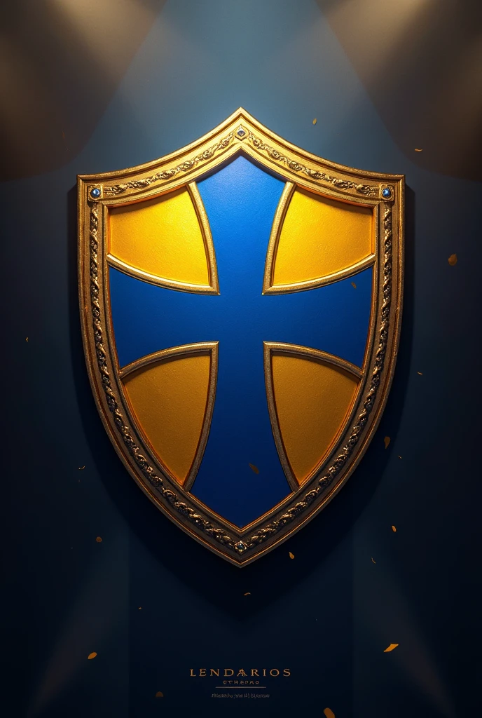 Create an image with a blue and gold cross-shaped shield of a football club and add the name Lendários F. C on shield