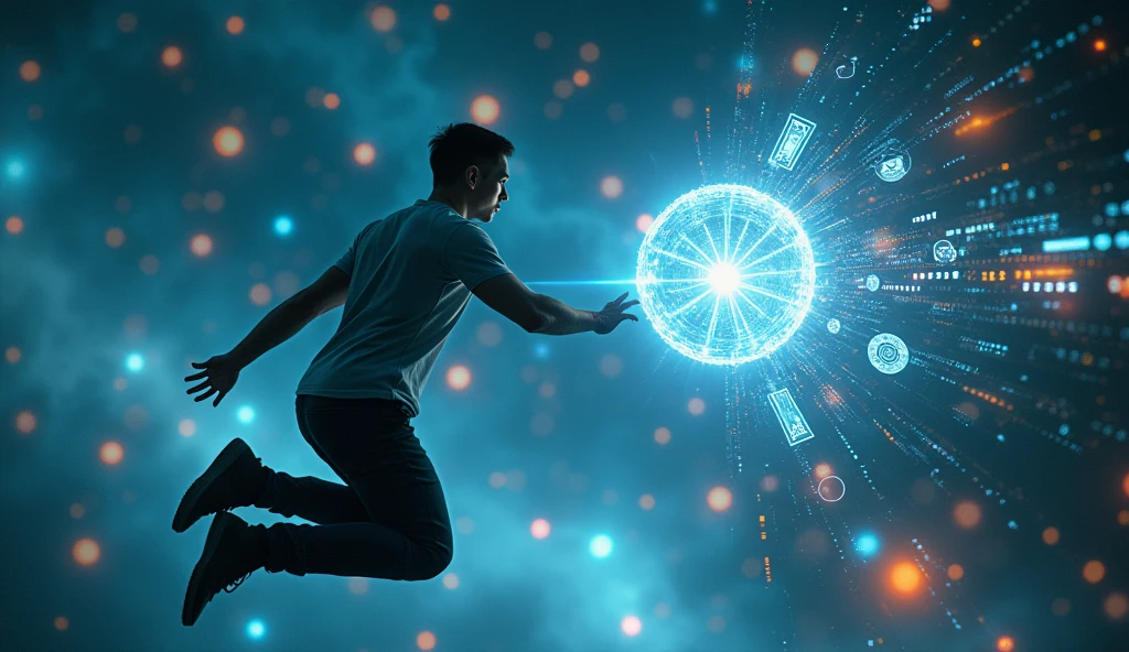 Photo of a clothed human male floating among digital entities and symbols while interacting with a futuristic digital interface that is like a luminous sphere that is located in front of him at the height of his head at a distance of half the reach of his arms. The photo captures the human from the side perspective