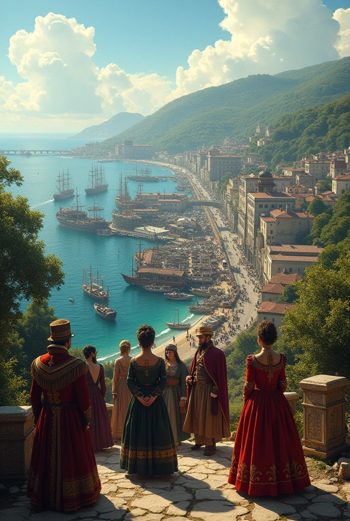 Crie uma imagem realista,de longe,of a large port with ships and the sea in the background,with a forest between the port,some men and women dressed in clothes of the Portuguese royal family from 1800 in the middle of the port,with few people