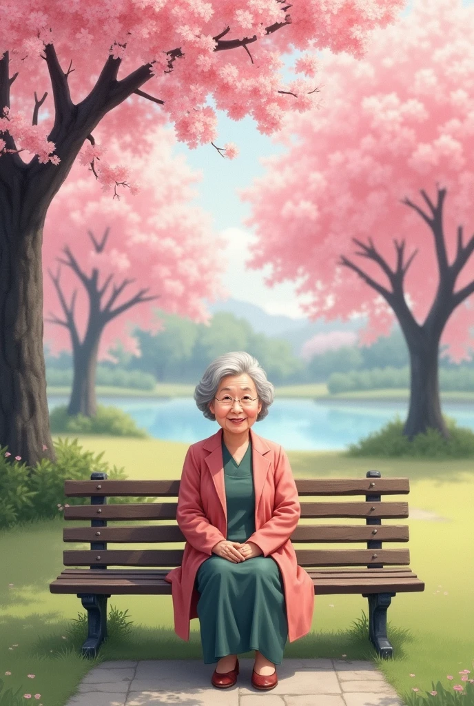 Senior Korean woman turning to camera smiling, sitting on a park bench, The park has cherry trees and a small lake, that the cherry trees look big, that looks like a watercolor painting