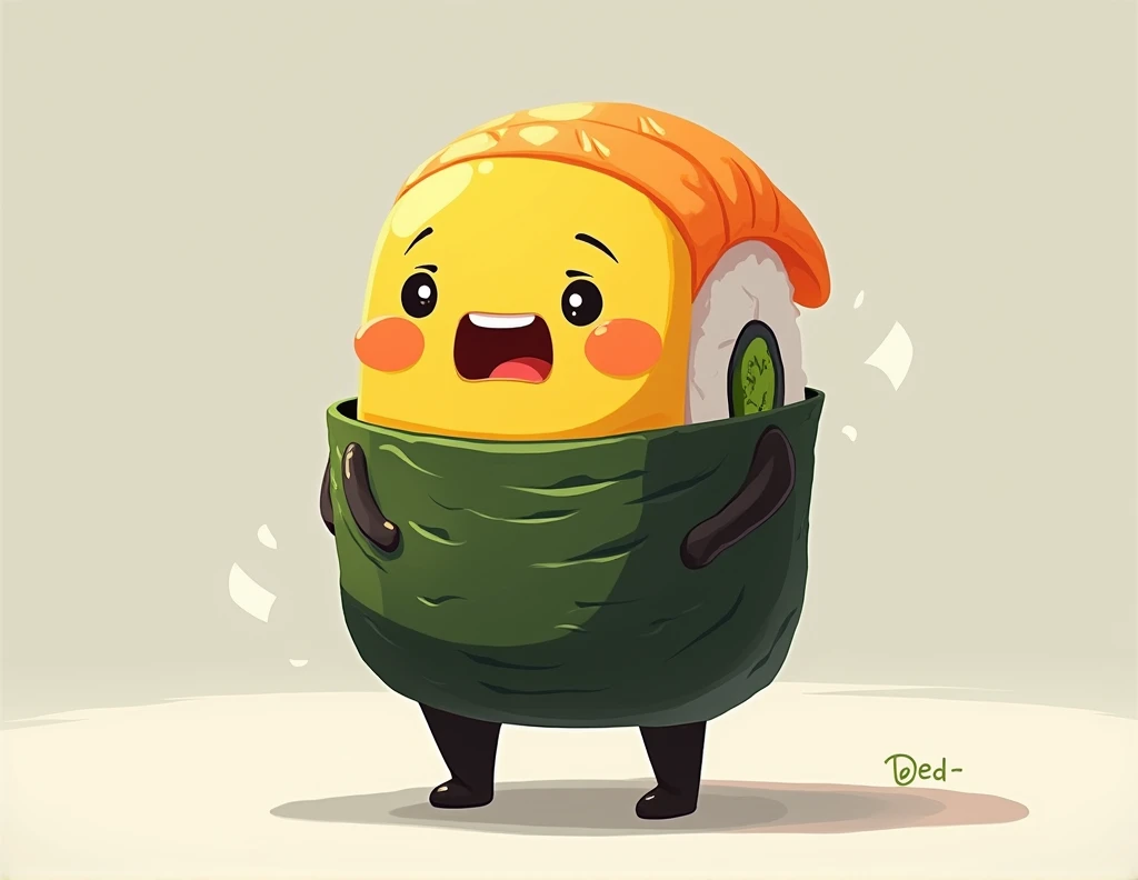 Create a 2d type sushi that has feet, He is standing there with the seaweed leaf on his waist, scared., happy and have yellow tones, black and white