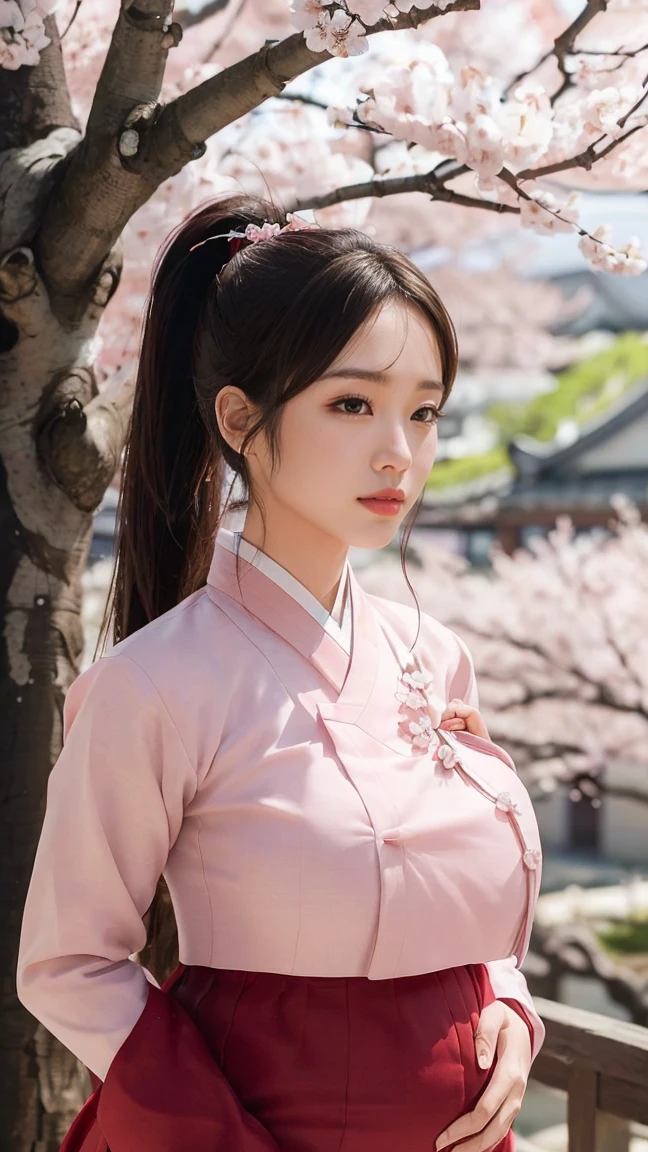 (best quality, 8K, masterpiece: 1.3), ((((((Incredibly huge breasts: 0.8))))), single ponytail, (beautiful face:1.3), Cherry blossoms are in full bloom, full of cherry blossoms, floating cherry blossom petals, very cool, authentic hanbok,pregnancy,