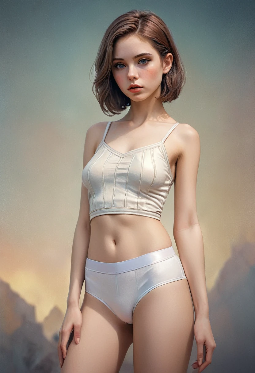 (Cinematic photo:1.3) From (Thigh-length photos:1.3),(slim:1.2) ((mini white CROPTOP, tight micro white thong, NAVEL)) Beautiful  girl, (complex brown hair), Highly detailed texture кожи, realistic texture кожи, looks straight into the camera, (looks at the viewer) ), pout, small breasts, Shine, Dramatic, Dreamy, pastelный цветочный сад, elegant, strange, gentle, Highly detailed, difficult, UHD Digital Photography, Fantasy theme, narrow shoulders, Photo to the knees , beautiful young girl, Beautiful body, highly detailed full-length shot, Dreamy, pastel, watercolor, strange, gentle, detailed hair band, Highly detailed texture, realistic texture, digital painting, highly detailed photo, (art deco: 1 .хFromоралFromм:1.3),(Classic realotm:1.3),(Fujifilm Superia:1.3),, golden hour light, ((BELLYBUTTON))