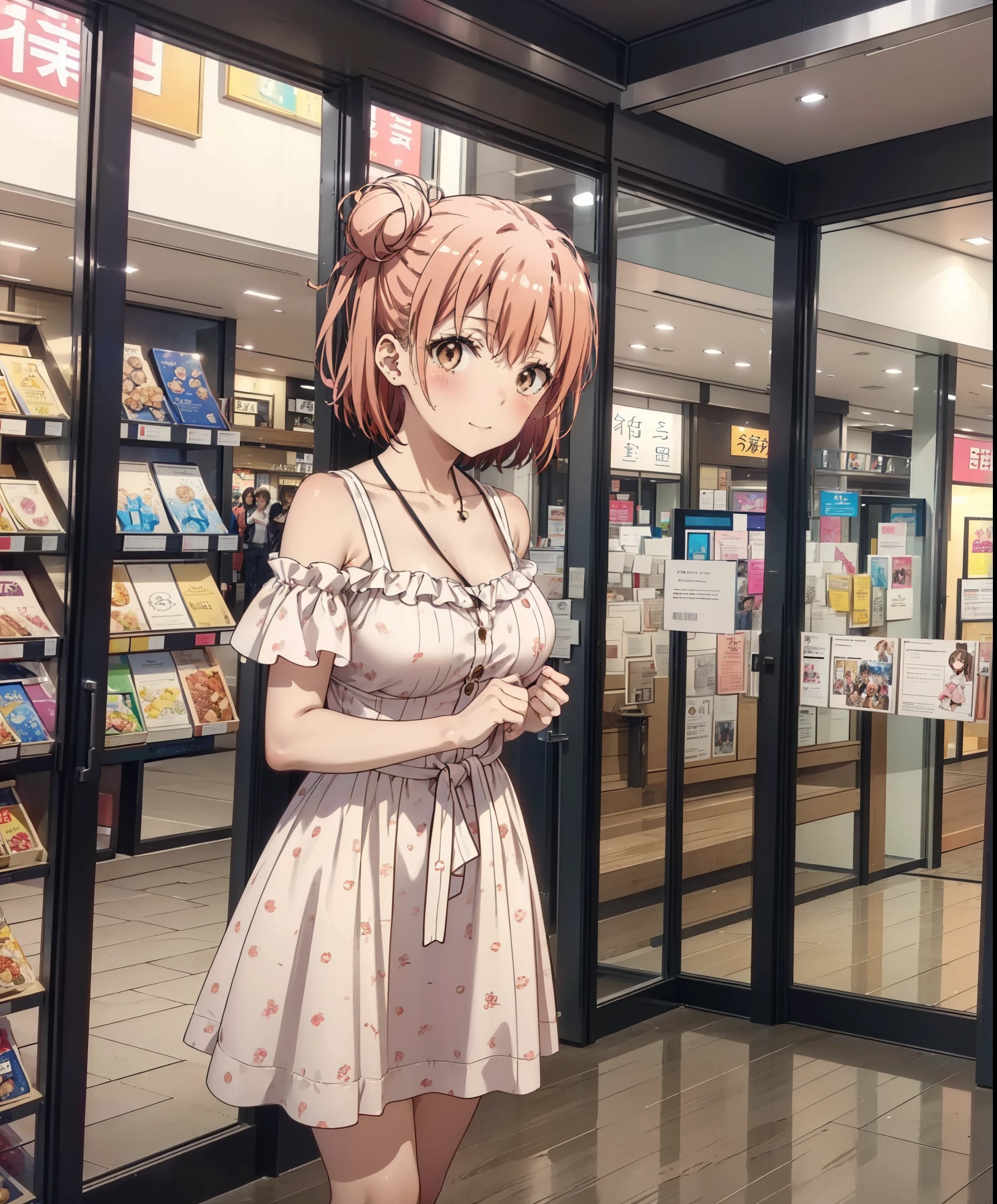 yuiyuigahama, yui yuigahama, short hair, (Brown eyes:1.5), (Pink Hair:1.2), Hair Bun, single Hair Bun,Big Breasts,smile,blush,Open your mouth,Off-the-shoulder dress,Exposing shoulders,bare clavicle,Bare neck,Rocket Pendant,mini skirt,barefoot,Cute heeled sandals,Daytime,sunny,walk,whole bodyがイラストに入るように,
break indoors,Shopping mall,
break looking at viewer, whole body,
break (masterpiece:1.2), Highest quality, High resolution, unity 8k wallpaper, (shape:0.8), (Beautiful attention to detail:1.6), Highly detailed face, Perfect lighting, Extremely detailed CG, (Perfect hands, Perfect Anatomy),