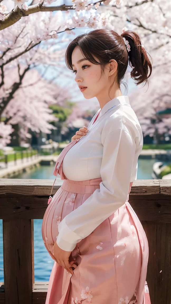 (best quality, 8K, masterpiece: 1.3), ((((((Incredibly huge breasts: 0.8))))), single ponytail, (beautiful face:1.3), Cherry blossoms are in full bloom, full of cherry blossoms, floating cherry blossom petals, very cool, authentic hanbok,pregnancy,