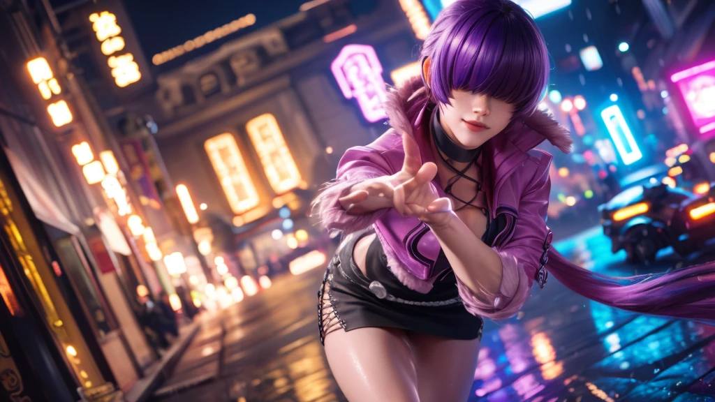 (at night), alone, in a video game scene a background of a beautiful city during the day raining, standing at attention, purple hair, ((purple hair)), 1 girl, alone, 20 years old, young woman, perfect hands , beautiful and perfect symmetrical fingers, beautiful long legs, perfect legs, beautiful body, beautiful nose, beautiful character design, perfect face, look at the viewer (focusing on the entire character), closed mouth, Light_Smile, official art, wallpaper Extremely detailed CG unity 8k, perfect lighting, bright and colorful front lighting, glowing skin (masterpiece: 1.0), (best quality: 1.0), ultra high resolution, 4K, ultra detailed photography, 8K, HDR, high resolution, nonsense: 1.2, Kodak portra 400, film grain, blurred background, bokeh: 1.2, lens flare, (vibrant_color: 1.2), professional photography, (beautiful_face: 1.5), (narrow waist),
