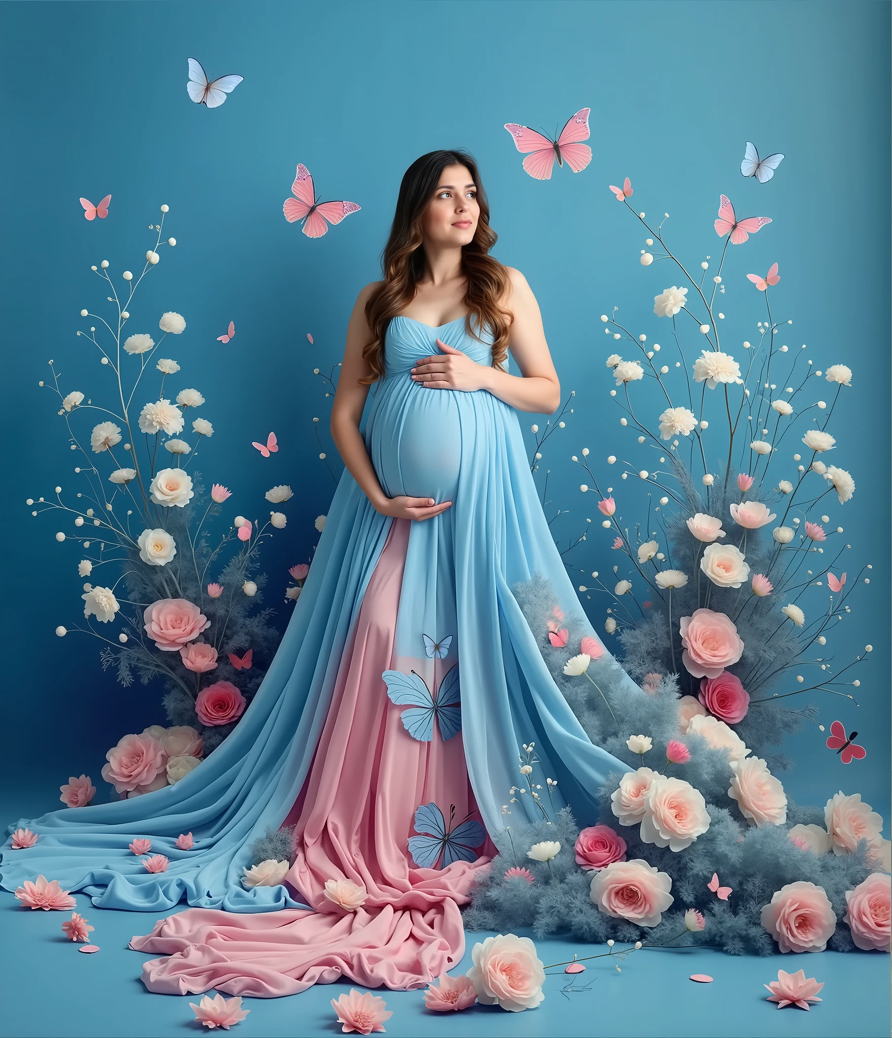 pregnant woman in a blue dress surrounded by flowers and butterflies, a colorized photo by Elena Guro, shutterstock, conceptual art, blue and pink colors, blue and pink, blue and pink color scheme, cyan photographic backdrop, pink and blue colour, pink and blue colors, flowing gown, pastel blues and pinks, lady with glowing flowers dress, pink and blue