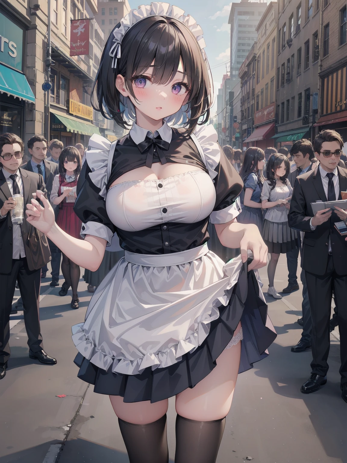 Highly detailed CG Unity 8k wallpaper, Top quality, Highly detailed, Masterpiece, Highly detailed pretty girl, , (((lifting skirt by herself))), (lifting skirt by herself)), dynamic angles, sexy pose, blush, lips apart, looking at audience, half body shot, (crowd), (crowded big city)), hair over one eye, immaculate beauty, less revealing maid outfit, classical maid fashion