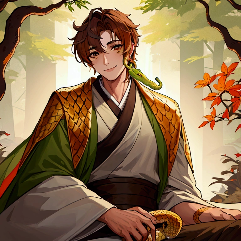 ((best quality)), ((masterpiece)), (detailed), 1 male, robes of green and white, smiling face, snake skin under eyes, orange snake skin on arms, yuan ti, druid, forest background, brown hair, snake man, snake skin,