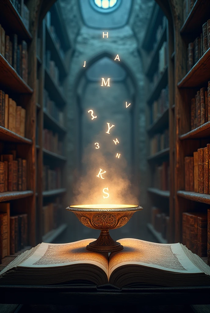 A mystical lamp from which glowing letters emerge, illuminating a dark place.. Books around.