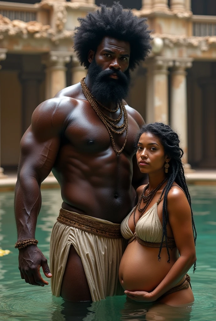 in 405 A.D, 6 big black daddy, long royal afro hair, full grown facial hair, charcoal dark skin, very well built body muscular with a muscular belly like a minatour shirtless, super hairy, has visibly big nipples inside roman bath with ruin, hands on his pregnant roman 1 wife belly, both wearing anicent swimming pants, half body inside the bath