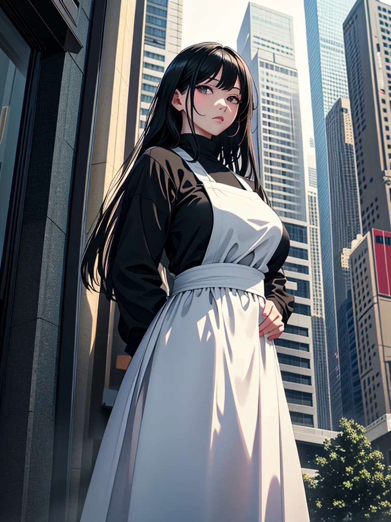 Masterpiece、High resolution、Detailed expression、(Huge beauty:1.3)、Natural Fingers、Black Hair、18 meters tall、Married Woman、apron、Troubled face、Comparison with high-rise buildings