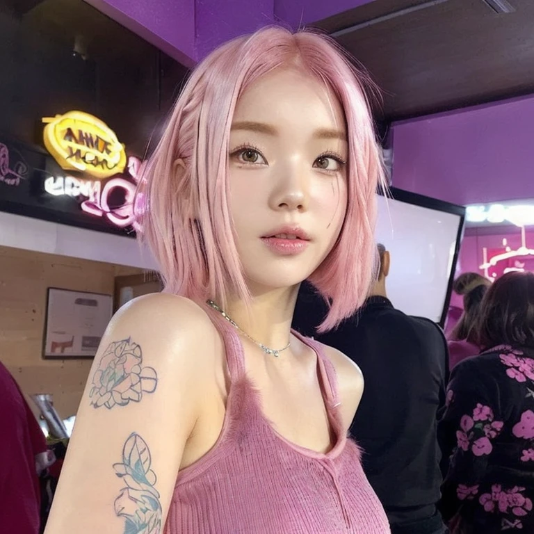 arafed woman with pink hair and a tattoo on her arm, cute girl with short pink hair, short pink hair, pink smooth fur, short pink hair, pink girl, with pink hair, Pastel pink skin tone, pink hair, light pink hair with pink flames, light pink hair, soft and pink skin, thinning pink hair, faded pink, some pink