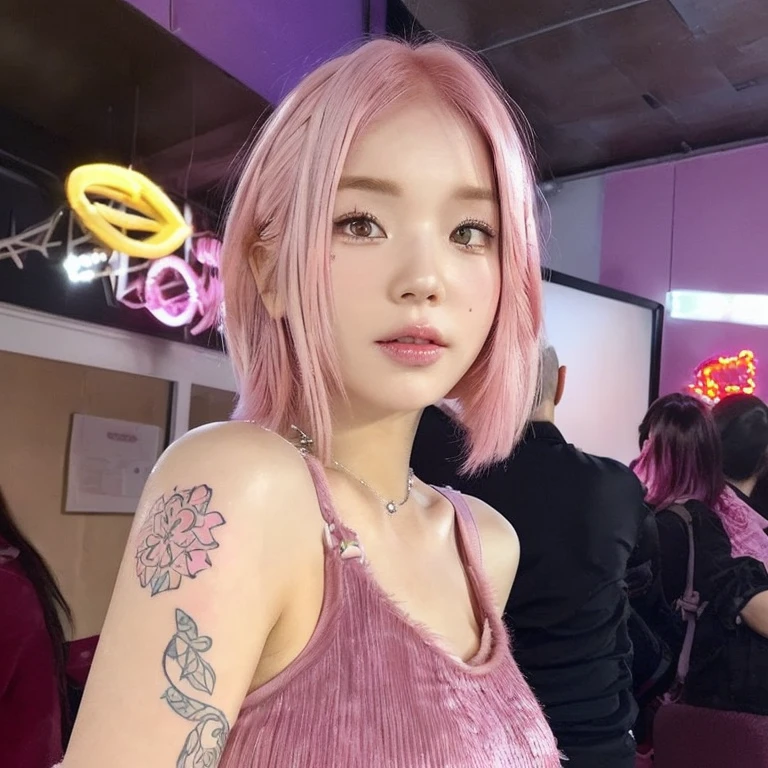 arafed woman with pink hair and a tattoo on her arm, cute girl with short pink hair, short pink hair, pink smooth fur, short pink hair, pink girl, with pink hair, Pastel pink skin tone, pink hair, light pink hair with pink flames, light pink hair, soft and pink skin, thinning pink hair, faded pink, some pink