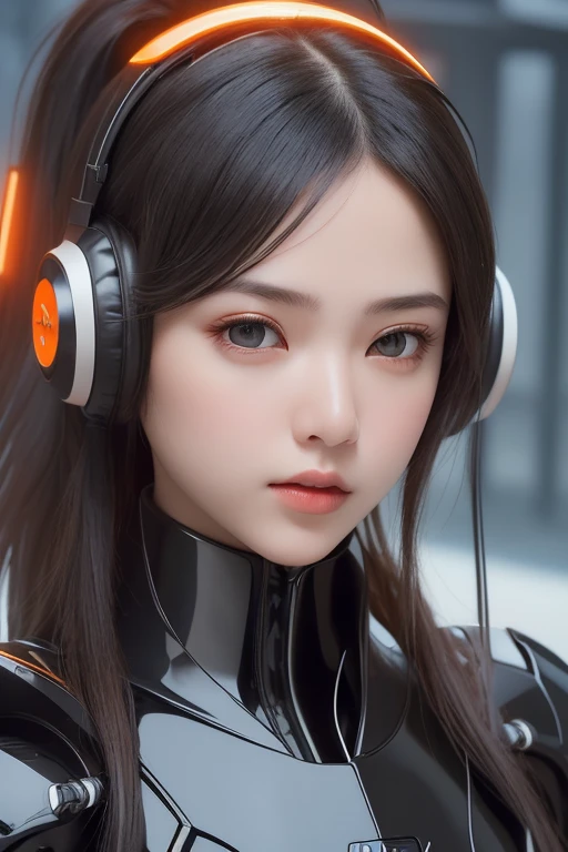Top Quality, Masterpiece, Ultra High Resolution, (Photorealistic: 1.4), Raw Photo, 1 Girl, Black Hair, Glossy Skin, 1 Mechanical Girl, (((Ultra Realistic Details)), Portrait, Global Illumination, Shadows, Octane Rendering, 8K, Ultra Sharp, Intricate Ornaments Details, realistic skin, sweat effect, ((wearing Headphone)), very intricate detail, realistic light, CGSoation trend, brown eyes, glowing eyes, matte black and glossy orange mechanical bodysuit, Long hair, black hair, Ponytail hair, full body shot, spaceship bridge background, dynamic pose, sad, close up,