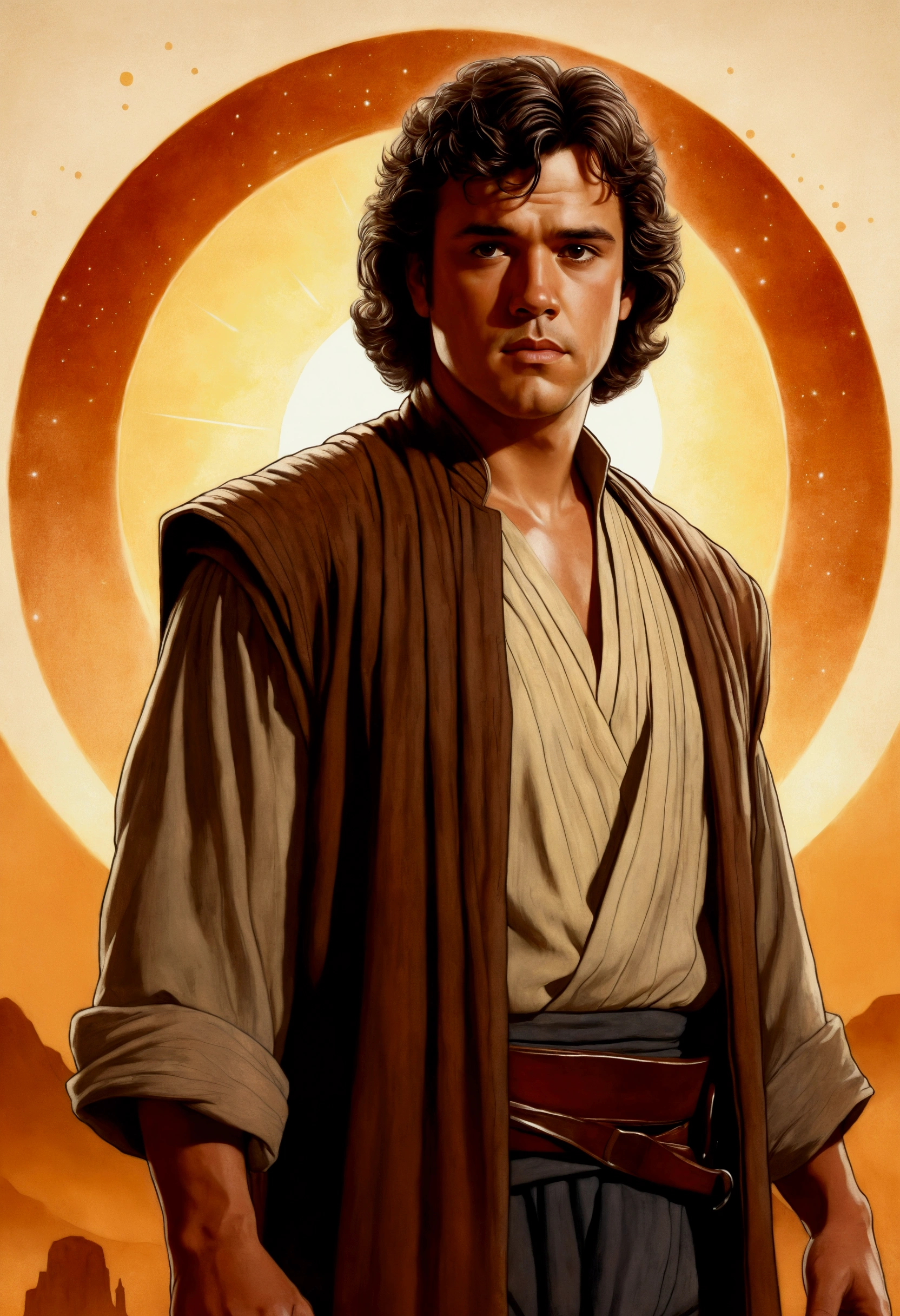 An illustrated movie poster, hand-drawn, full color, a Jedi Knight, 25-years-old, male, wearing a tunic shirt, portly figure, broad shoulders, muscular, hairy body, lost of body hair, brown eyes, brown-black hair, curly voluminous mane, sun-tanned skin, resembles Gavin Leatherwood, standing in a seedy cantina, graphite shading, stencil marks, airbrushed acrylic paint, masterpiece, in the style of Drew Struzan