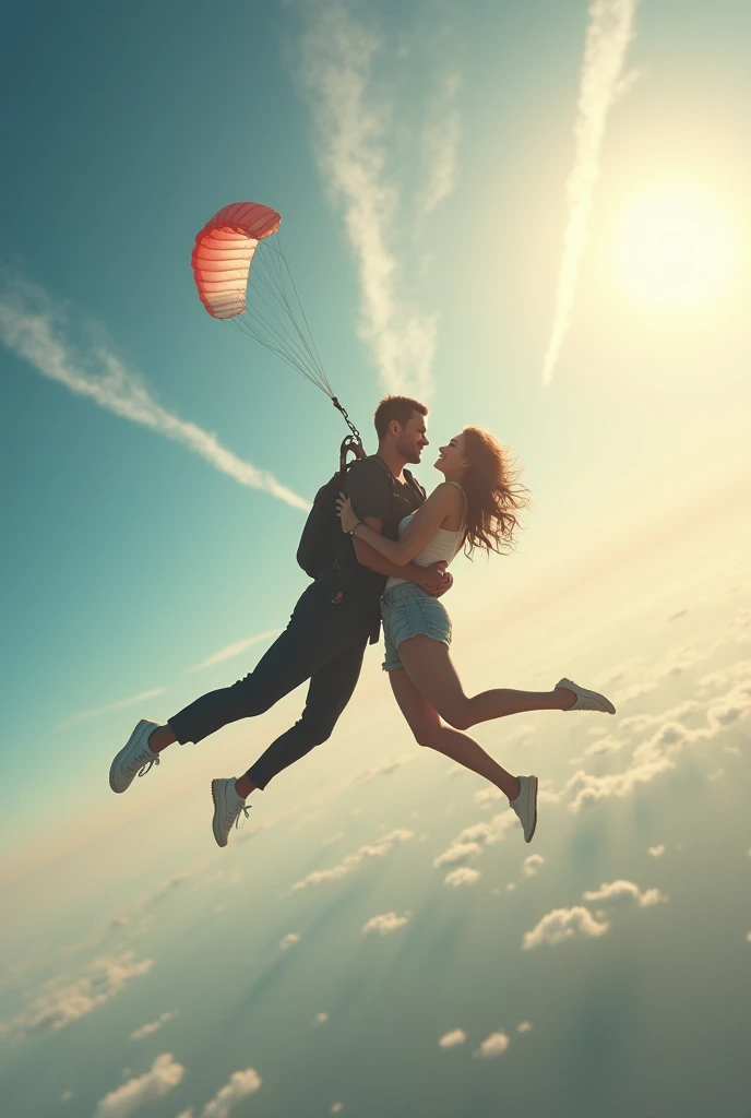 Couple jumping with a parachute hugging and in love
