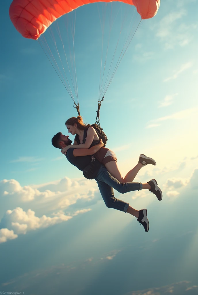 Couple jumping with a parachute hugging and in love