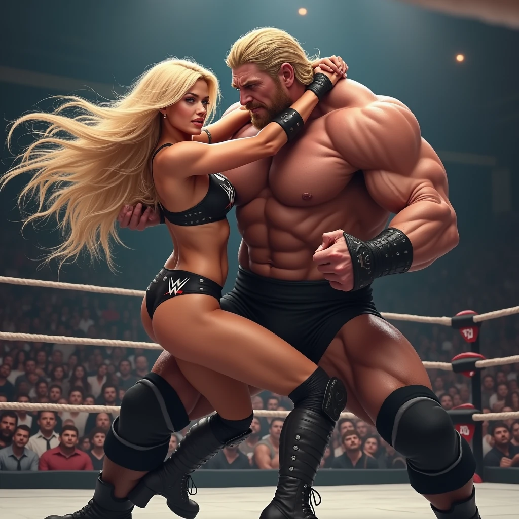 Young and beautiful blonde woman choke-slamming a giant man in a WWE wrestling ring.