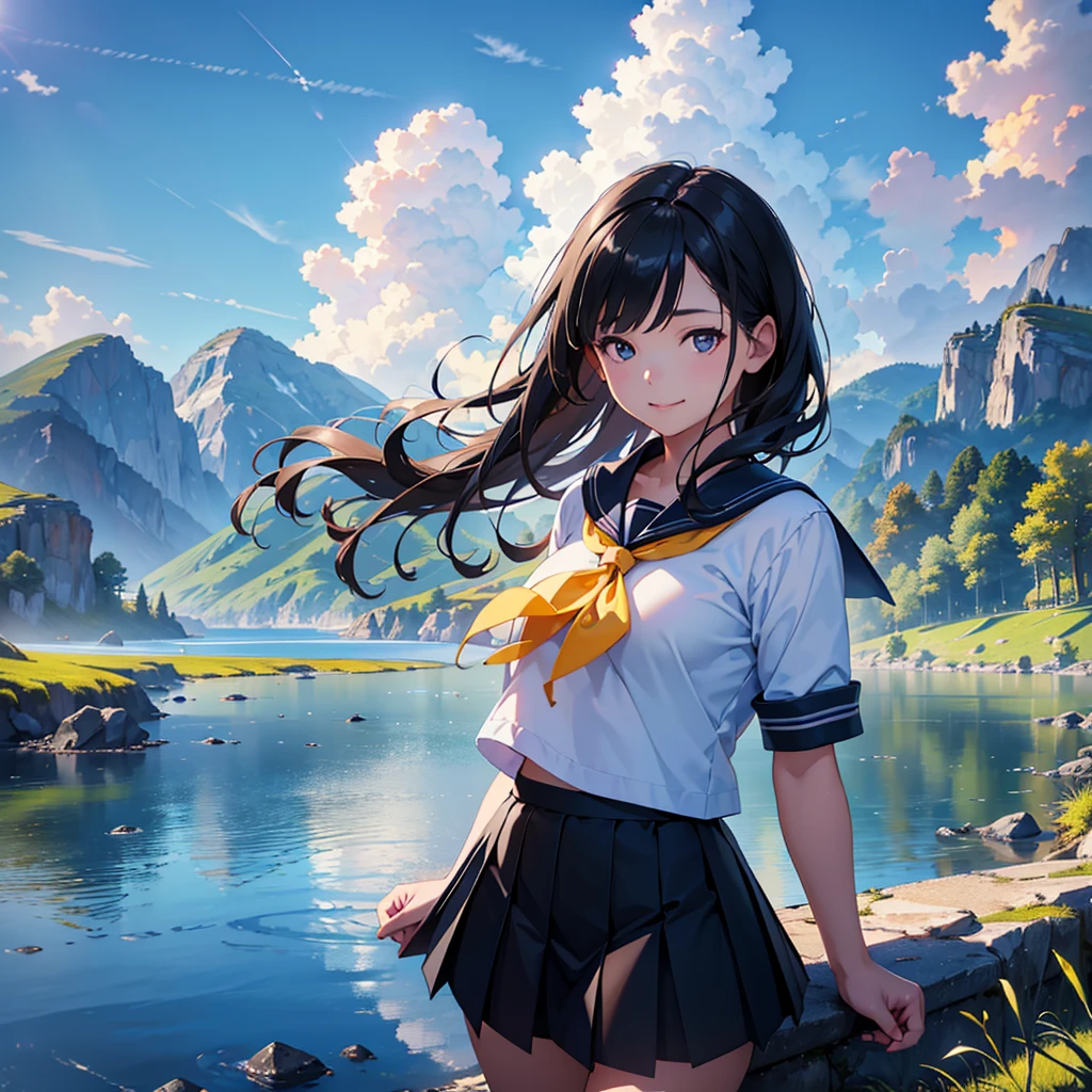 1girl, beautiful young girl, sailor suit, pleated skirt, long black hair, smiling, dynamic pose, rural scenic landscape, blue sky, cumulonimbus clouds, (best quality,4k,8k,highres,masterpiece:1.2),ultra-detailed,(realistic,photorealistic,photo-realistic:1.37),HDR,UHD,studio lighting,ultra-fine painting,sharp focus,physically-based rendering,extreme detail description,professional,vivid colors,bokeh,landscape