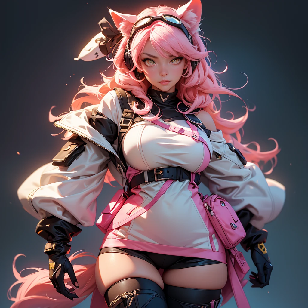 envision a 8k, highres, cinematic, beautiful close up portrait of a curvy woman named Raora Panthera with white animal ears, tail, yellow eyes, pink hair, goggles, hat, open jacket, off shoulder, thigh straps, thighhighs, against a dark background