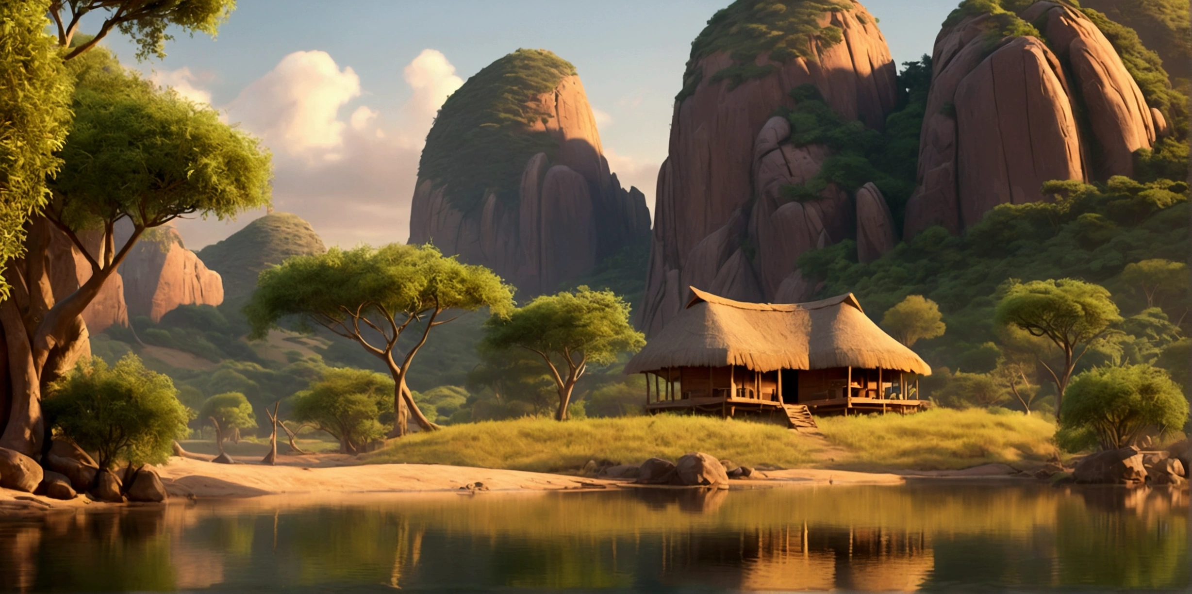 Disney style African wilderness scene, beautiful sunrise over a calm lake, very small African hut on one side of the scene, dramatic cinematic lighting, majestic rock formations, no animals or evil, breathtaking view, high detail, complete study of African languages (best quality, 4k, 8k, high resolution, masterpiece: 1.2), high detail, (realistic, realistic, photorealistic: 1.37), dramatic lighting, cinematic composition Pixar style close to animation, land area larger than the lake Trees and rocks Attention to precise theatrical perspective according to the studies of theatrical perspective Academy of Arts Dr. Louise Malika, high quality on the scale of theatrical design Clear details Greek character dominates the scene, animation style African tribe