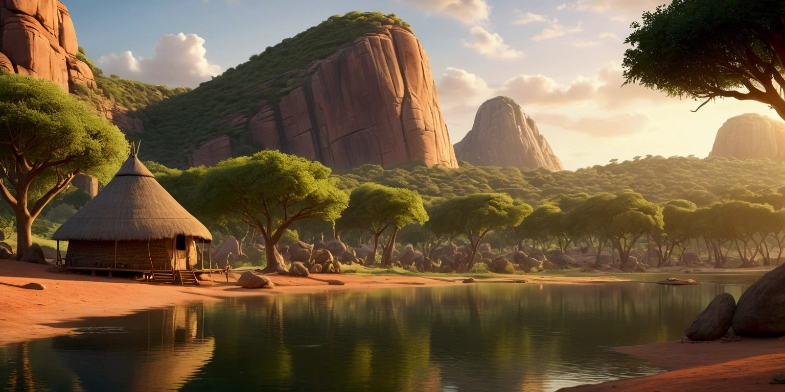 Disney style African wilderness scene, beautiful sunrise over a calm lake, very small African hut on one side of the scene, dramatic cinematic lighting, majestic rock formations, no animals or evil, breathtaking view, high detail, complete study of African languages ​​(best quality, 4k, 8k, high resolution, masterpiece: 1.2), high detail, (realistic, realistic, photorealistic: 1.37), dramatic lighting, cinematic composition Pixar style close to animation, land area larger than the lake Trees and rocks Attention to precise theatrical perspective according to the studies of theatrical perspective Academy of Arts Dr. Louise Malika, high quality on the scale of theatrical design Clear details Greek character dominates the scene, animation style African tribe