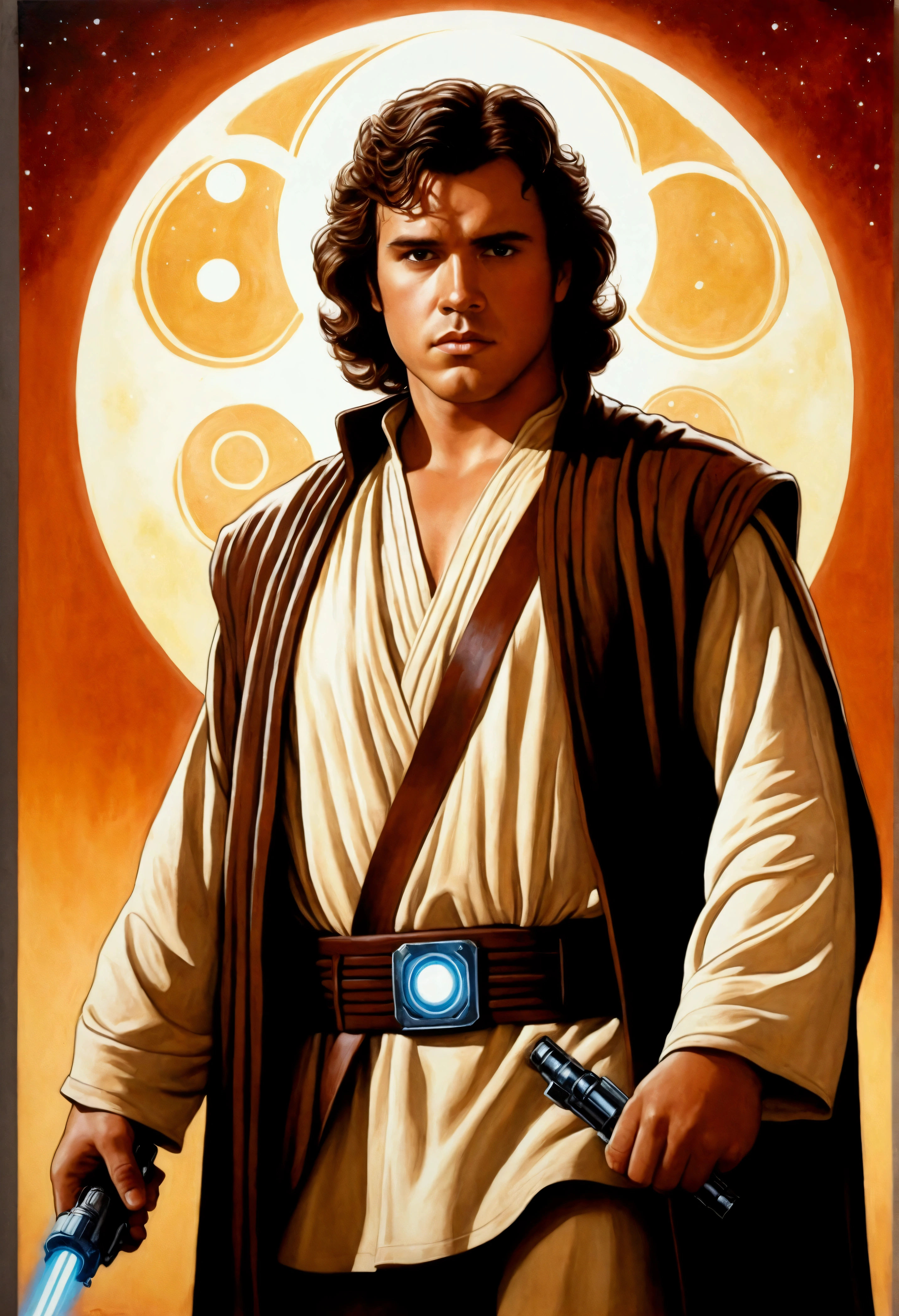 An illustrated movie poster, hand-drawn, full color, a Jedi Knight, 25-years-old, male, wearing a tunic shirt, portly figure, broad shoulders, muscular, hairy body, lost of body hair, brown eyes, brown-black hair, curly voluminous mane, sun-tanned skin, resembles Gavin Leatherwood, standing in a seedy cantina, graphite shading, stencil marks, airbrushed acrylic paint, masterpiece, in the style of Drew Struzan