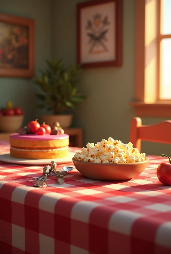 a table with a red checkered tablecloth, with cake and popcorn, 3D cartoon style, cinematic