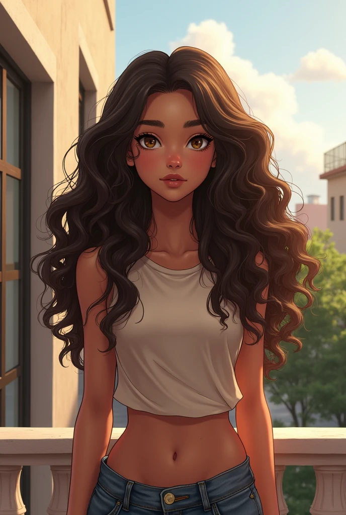 (Teenager) of straight hair half curly big on the balcony without bangs