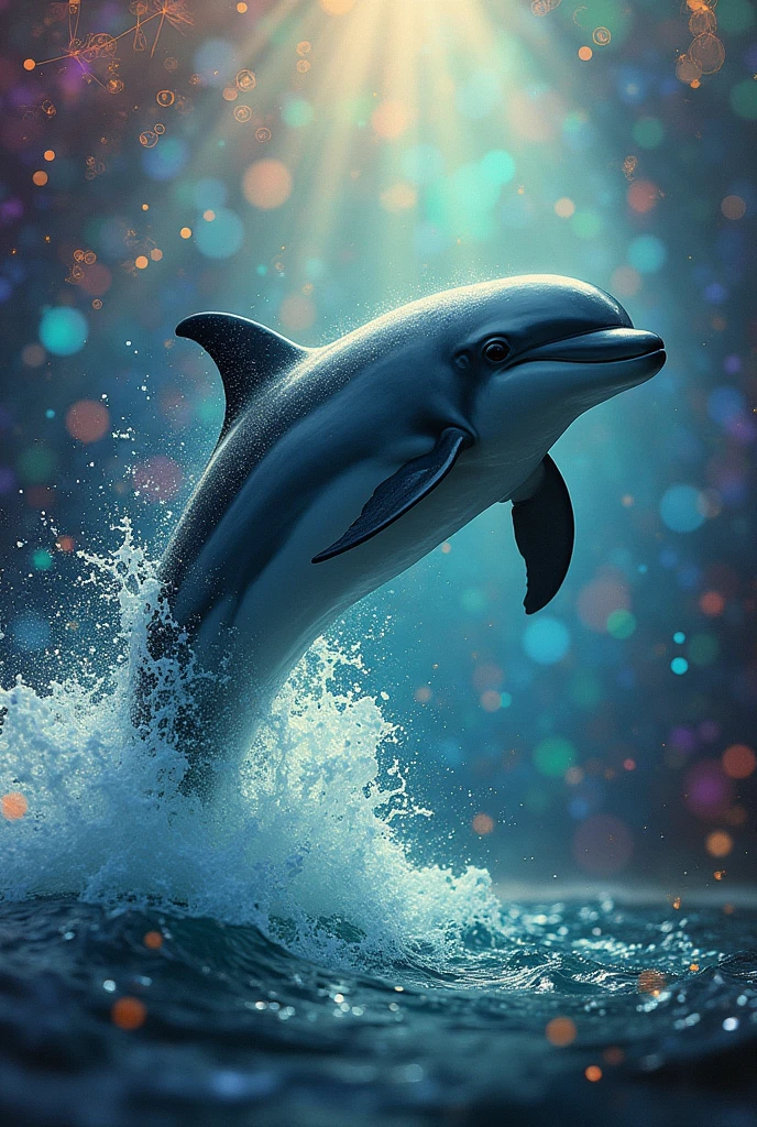 Dolphin coming out of the sea with a super colorful background, that the image is 4x4