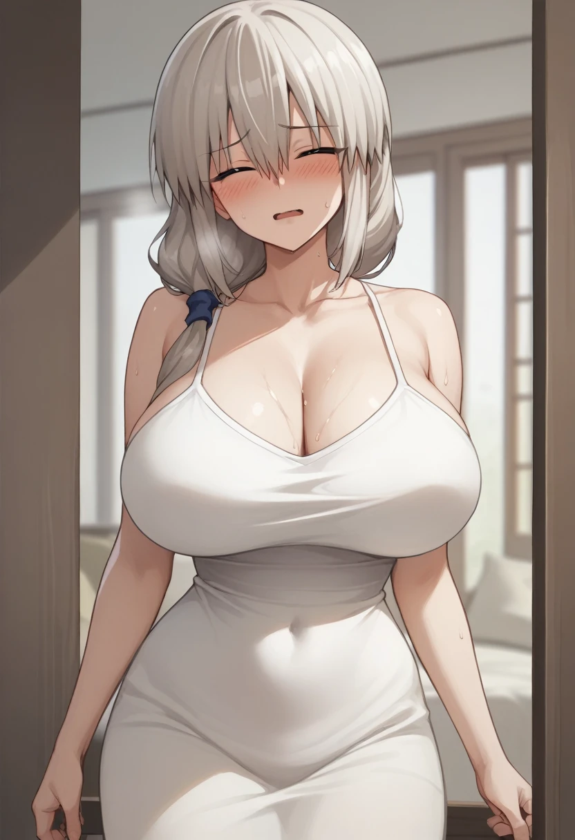 Huge breasts、blush、Sweat、In the heat、Long white hair、Braiding、uzaki_fortune、
{Highest quality}, {so beautiful}, {Very detailed}, {Best illustrations},Life、slim:1.5、Camisole long maxi dress(tight)、Are standing