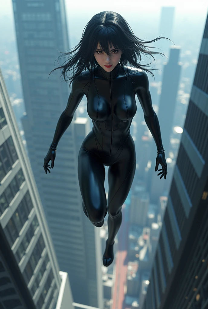 Ultra-high-definition 3D CG graphics of Kusanagi Motoko from the anime Ghost in the Shell、He jumps off the roof of a building, facing the building with a defiant smile on his face.The black cyber suit is about to be enveloped in a transparent optical camouflage.Cowboy shot, looking at the camera, Breathtaking 3D CG graphics.