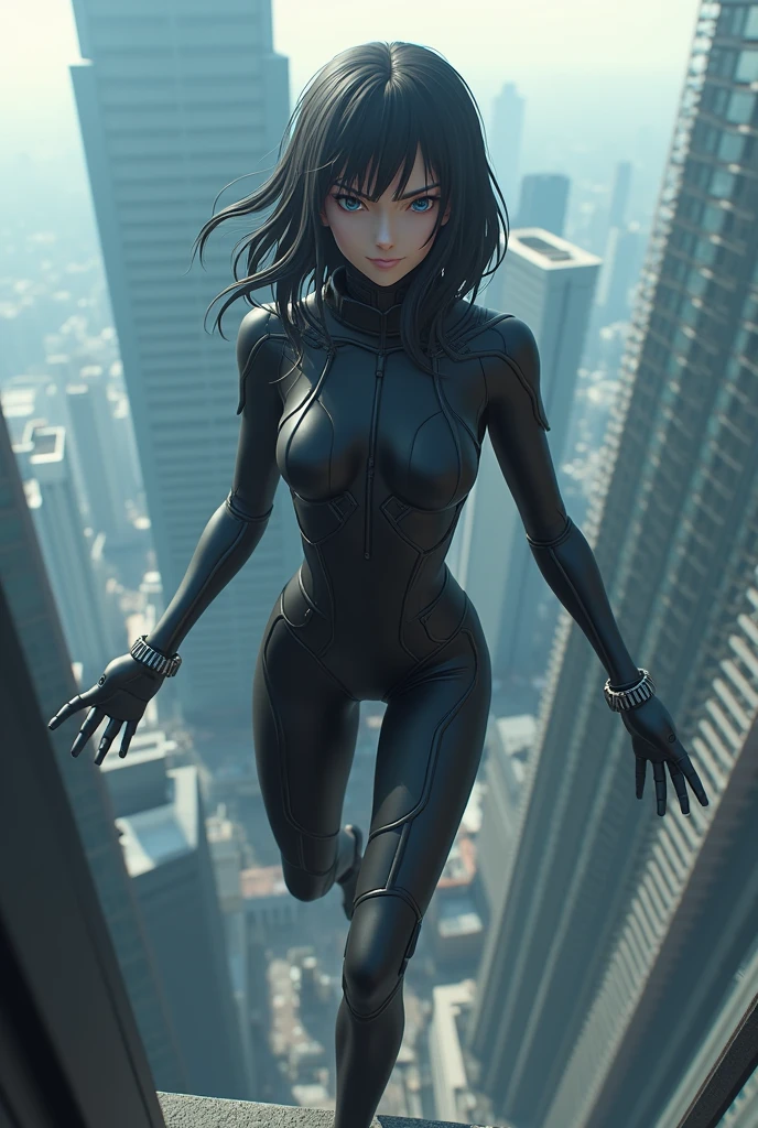Ultra-high-definition 3D CG graphics of Kusanagi Motoko from the anime Ghost in the Shell、He jumps off the roof of a building, facing the building with a defiant smile on his face.The black cyber suit is about to be enveloped in a transparent optical camouflage.Cowboy shot, looking at the camera, Breathtaking 3D CG graphics.