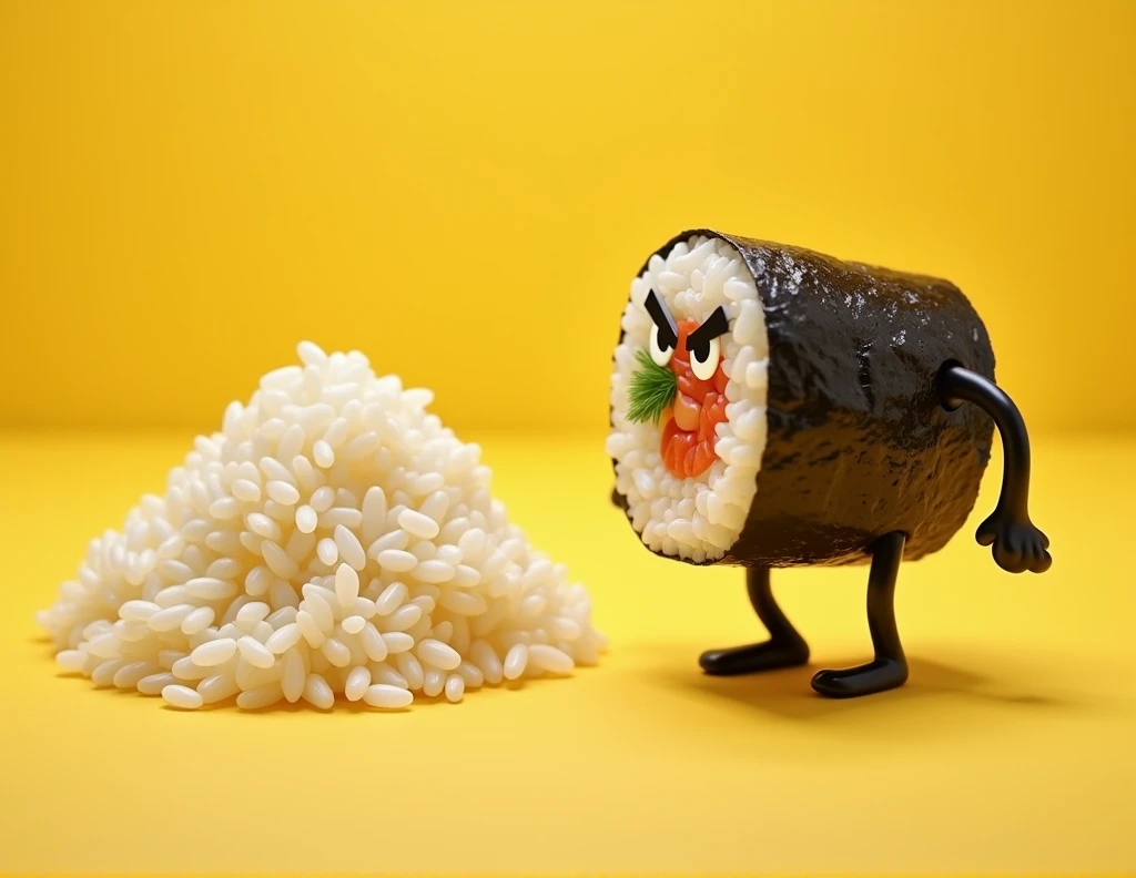 Create a sushi that has feet and is standing fighting with the rice because it does not want to be with it, in yellow tones, black and white