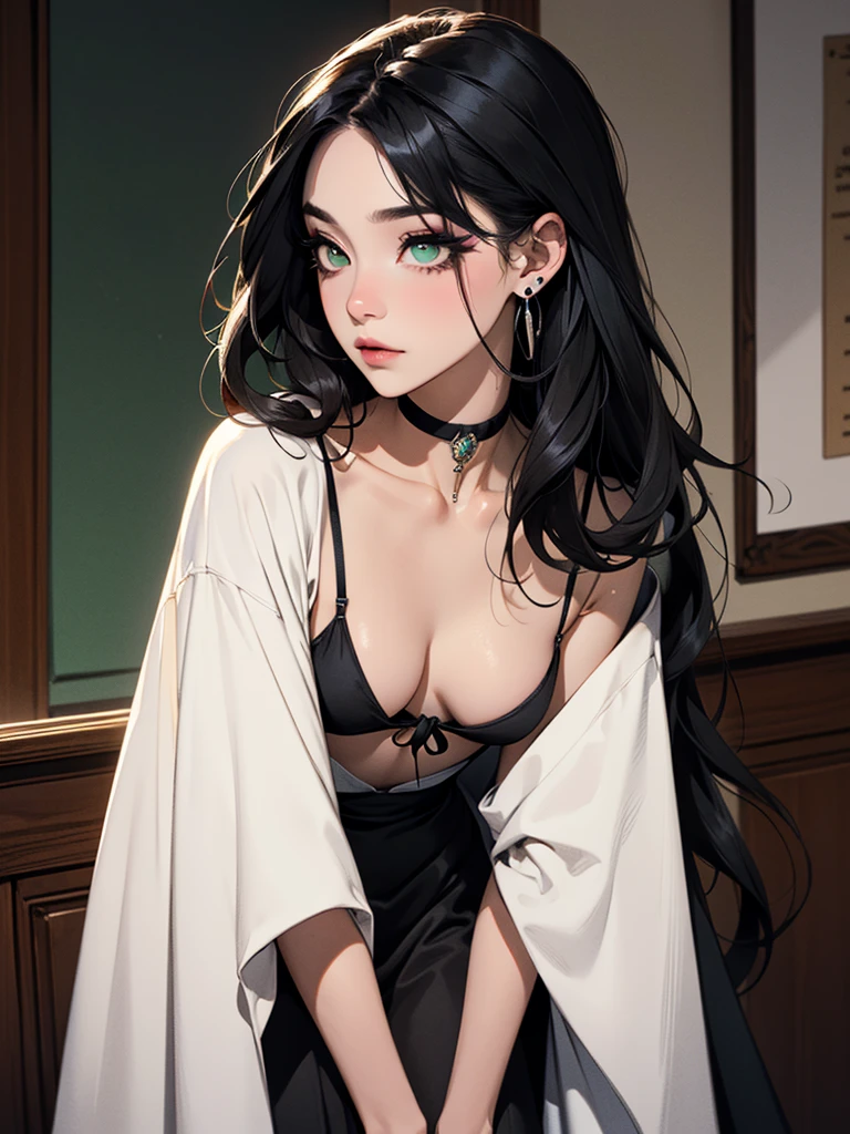 emo_hairstyle, (piercings), (black necktie), ((long hair)), ((straight hair)), (((black hair))), side swept bangs, white skin, pale, white, (green eye), tired expression, choker, ((dark makeup, mascara, eyeshadow)), multiple piercings, best quality, 8k, dark laboratory, dim lighting, , erotic, slytherin, black robes, (small breasts, cleavage, strap gap, leaning forward, hanging breasts), hogwarts robes. (((small breasts))), ((straight hair))