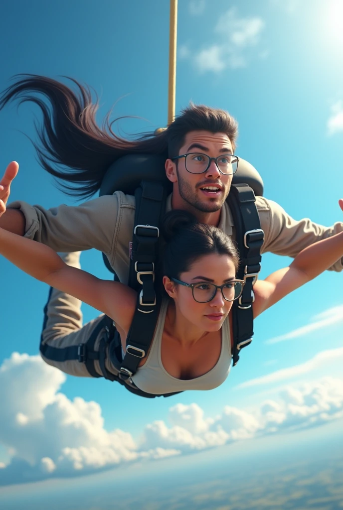 Couple: man with glasses and woman with long, straight, black hair skydiving