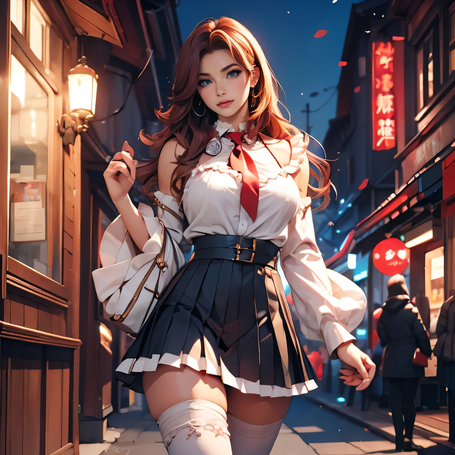 Pretty Caucasian (female), Sarah Shahi, a slim but muscular body, huge breasts, Dressed as DxD_Rias_Gremory_ownwaifu cosplay, 1girl, long hair, red hair, huge detailed breasts, large breasts, rias gremory costume, detailed blue eyes, detailed hair between eyes, very long hair, collarbone, hair intakes, hair over breasts, BREAK detached collar, detached sleeves, frilled sleeves, frills, long sleeves, micro miniskirt, pleated ultra miniskirt, ribbon, thighhighs, white skirt, white sleeves, white thighhighs, wide sleeves, zettai ryouiki, BREAK outdoors, city, BREAK looking at viewer, BREAK (masterpiece:1.2), best quality, high resolution, unity 8k wallpaper, (illustration:0.8), (beautiful detailed eyes:1.6), extremely detailed face and hands, detailed fingers, , perfect lighting, extremely detailed CG, (perfect two hands, perfect anatomy), standing sexy pose, well exposed full thighs, sexy thighs, beautiful thighs, 