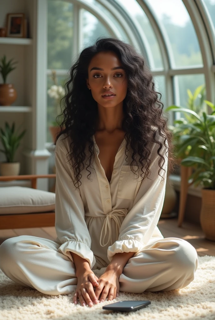 realistic photo of a (pretty girl, 20 years old, brunette, black eyes) into a big room being a glass dome resembling a greenhouse, (full lips) , ((perfect face)), [[mild smile]], proportionate body,mixed herritage, beautyfull, beautyfull face, tanned skin, two arms, two legs, five fingers by hand, full body, (curly black long hair), casual pijama, girl seat at floor at carpet, cozy casual minimalistic modern room into the dome, glass at celling, baffle, shelf with books and collectibles, notebook pc at floor, cellphone at hand,