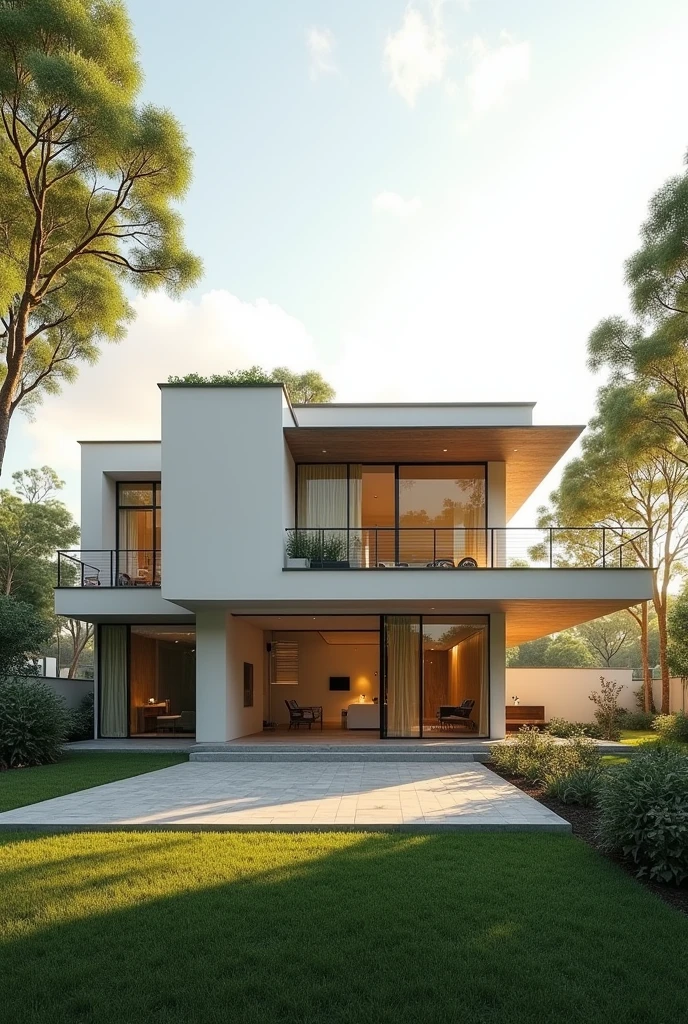 A minimalist modern house with a simple yet aesthetic facade. The yard is clean and bathed in warm sunlight. The image is rendered in ultra detail, ultra realism, perfect details, 8k, and photorealistic.