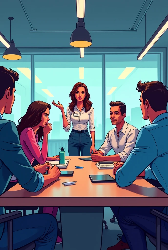 Imagine that they are in a conference room with 5 people and that one is a woman .
In animated or comic style